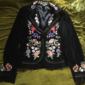 Anthropologie Embroidered Folk Black Velvet Blazer